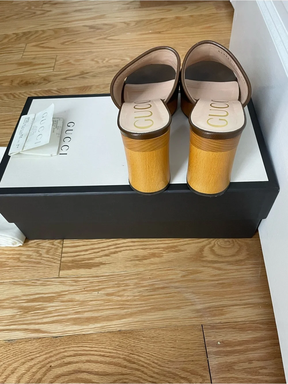 Gucci Brown Leather Gold Horsebit Platform Mules